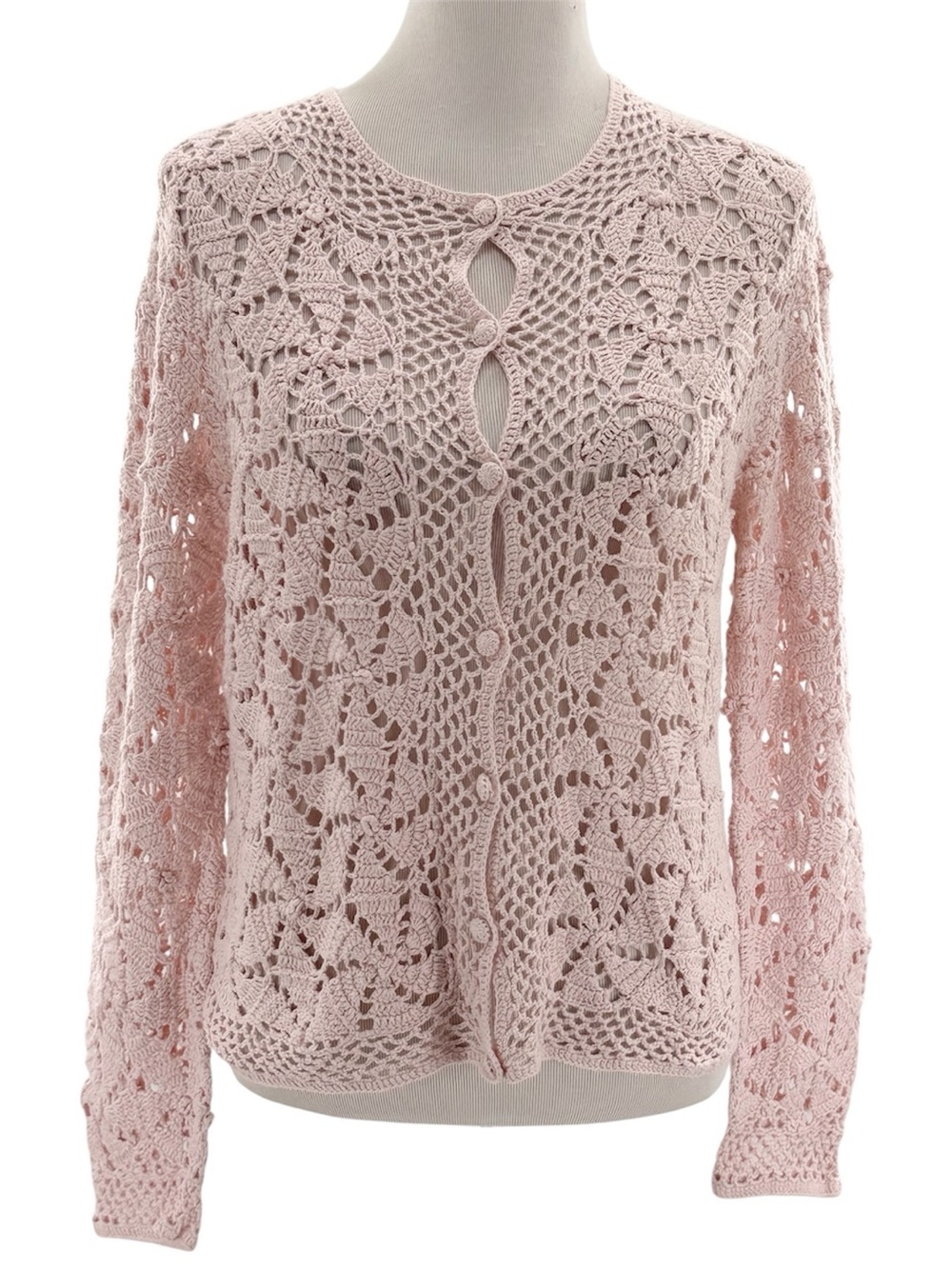 Coldwater Creek Pink Crochet Cardigan Sweater L Ramie Cotton Open Knit Boho